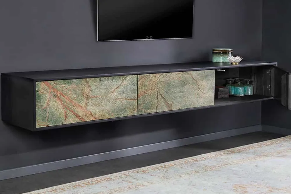 Riess-Ambiente Tv- & Lowboards|Industrial Loft > Massivholz TV Lowboard MOUNTAIN SOUL 200cm echter Naturstein Akazie schwarz hängend / stehend