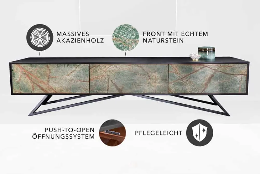 Riess-Ambiente Tv- & Lowboards|Industrial Loft > Massivholz TV Lowboard MOUNTAIN SOUL 200cm echter Naturstein Akazie schwarz hängend / stehend