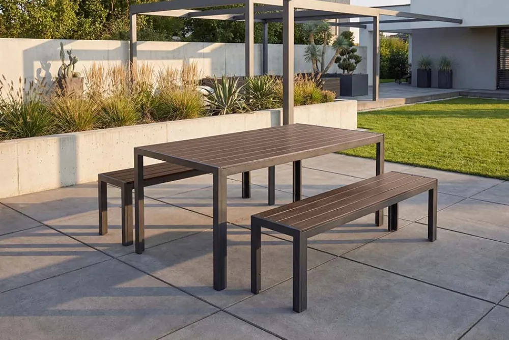 Riess-Ambiente Sitzbänke|Gartenbänke > Moderne Gartenbank DESIGNO 130cm dunkelbraun schwarz Aluminium wetterfest Outdoor Sitzbank