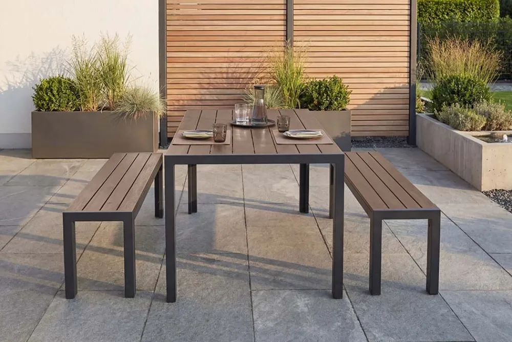 Riess-Ambiente Sitzbänke|Gartenbänke > Moderne Gartenbank DESIGNO 130cm dunkelbraun schwarz Aluminium wetterfest Outdoor Sitzbank