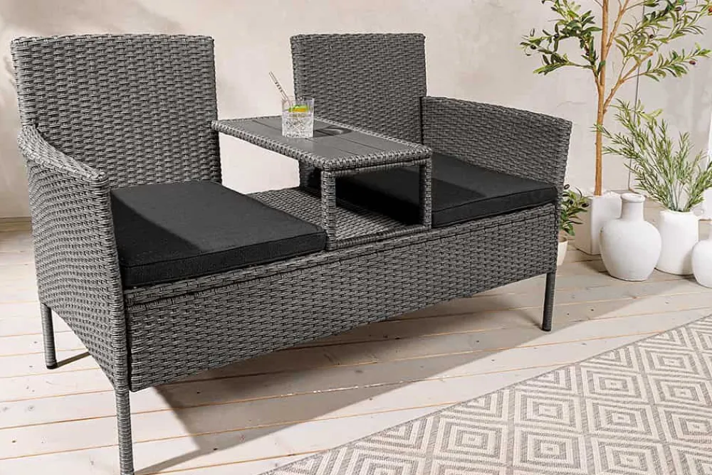 Riess-Ambiente Gartenbänke > Moderne Gartenbank PORTOFINO 140cm grau Polyrattan Outdoor Sitzbank mit Tisch wetterfest