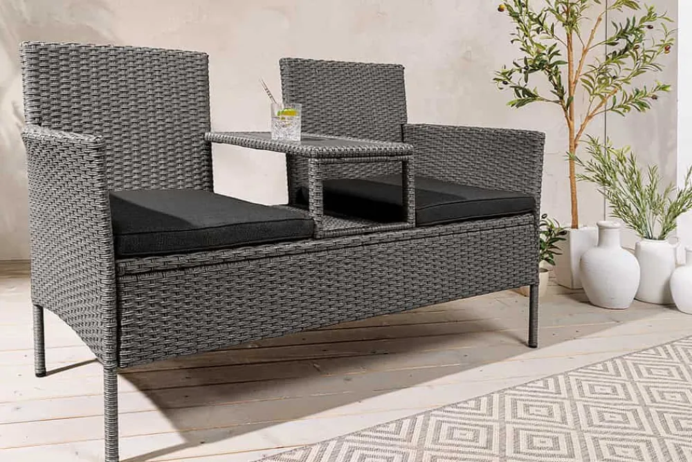 Riess-Ambiente Gartenbänke > Moderne Gartenbank PORTOFINO 140cm grau Polyrattan Outdoor Sitzbank mit Tisch wetterfest