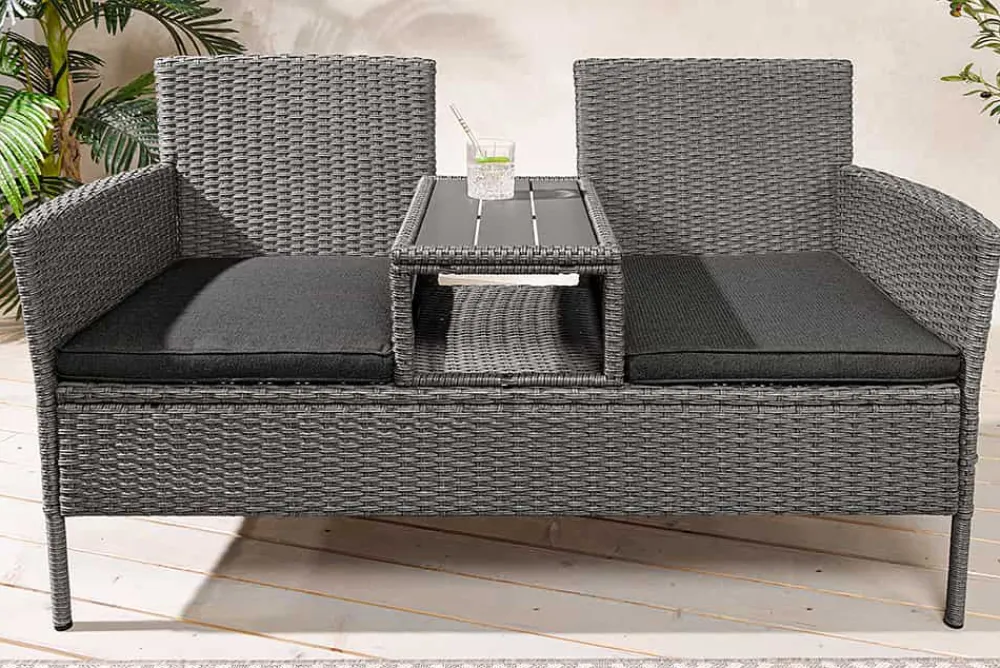 Riess-Ambiente Gartenbänke > Moderne Gartenbank PORTOFINO 140cm grau Polyrattan Outdoor Sitzbank mit Tisch wetterfest
