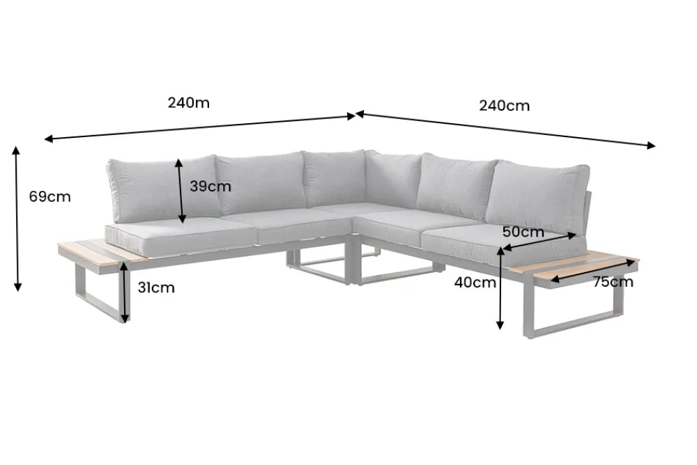 Riess-Ambiente Sitzgruppen > Moderne Garten Sitzgruppe TAMPA LOUNGE 240cm grau Aluminium wetterfest inkl. Sitzkissen