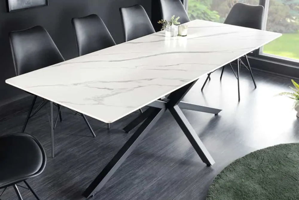 Riess-Ambiente Esstische > Moderner Esstisch GALAXIE 160cm weiß Keramik Marmor-Design glänzend Metallgestell schwarz