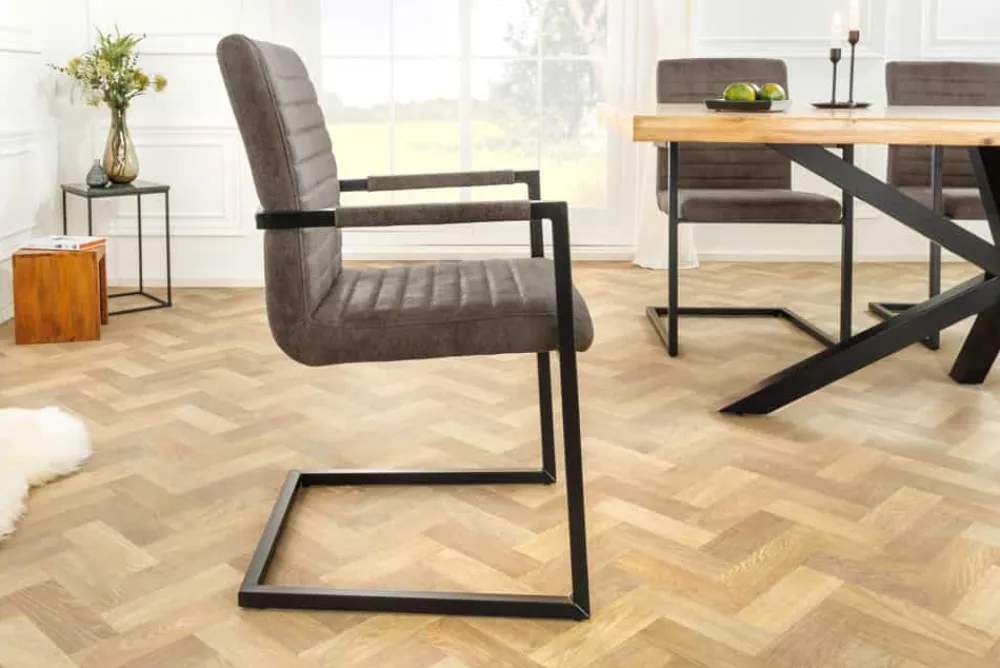 Riess-Ambiente Freischwinger|Stühle > Moderner Freischwinger Stuhl LOFT taupe grau Microfaser mit Armlehne Eisengestell schwarz
