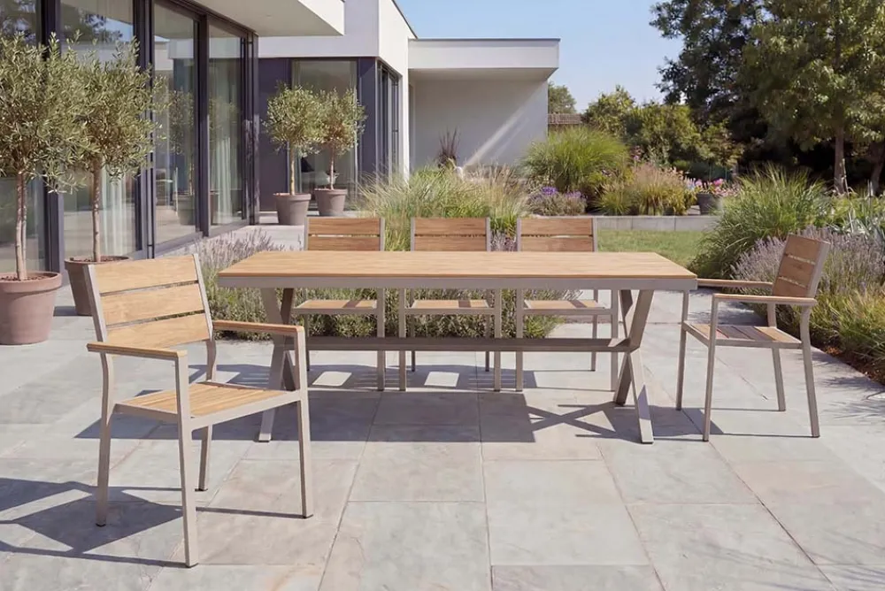 Riess-Ambiente Gartenstühle > Moderner Gartenstuhl DESIGNO 90cm natur greige Aluminium stapelbar wetterfest