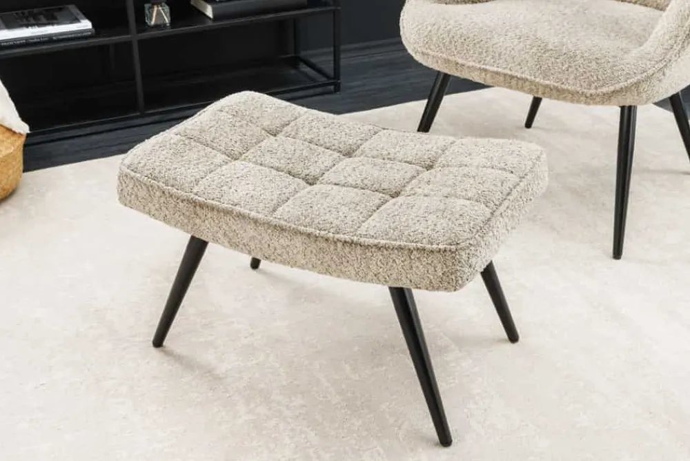 Riess-Ambiente Skandinavisch|Sessel > Moderner Hocker SCANDINAVIA champagner greige Bouclé schwarze Metallbeine Fußhocker