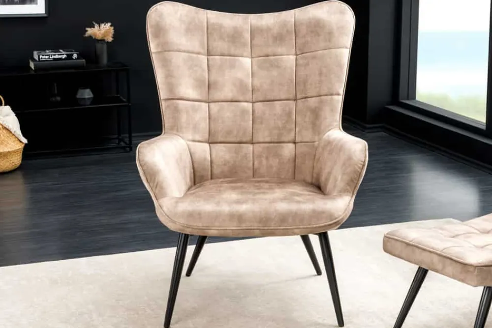 Riess-Ambiente Skandinavisch|Loungesessel > Moderner Sessel SCANDINAVIA champagner beige Samt schwarze Metallbeine mit Armlehne