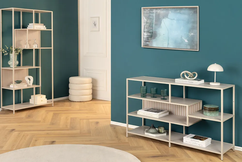 Riess-Ambiente Skandinavisch|Standregale > Modernes Bücherregal SLIM LINE 115cm champagner beige Metallgestell fünf Regalböden