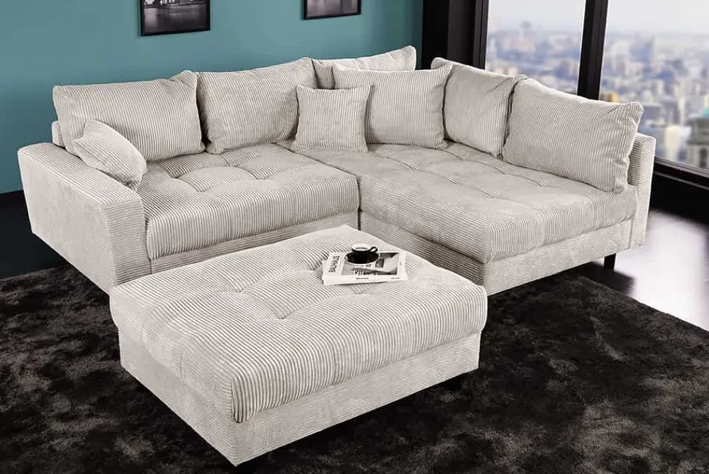 Riess-Ambiente Skandinavisch|Xxl Sofa > Modernes Ecksofa KENT 220cm beige Cord inkl. Hocker Federkern L-Form Wohnlandschaft