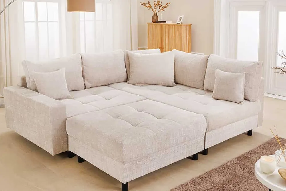 Riess-Ambiente Skandinavisch|Ecksofa > Modernes Ecksofa KENT 220cm champagner beige Chenille Cremona Federkern Wohnlandschaft mit Hocker