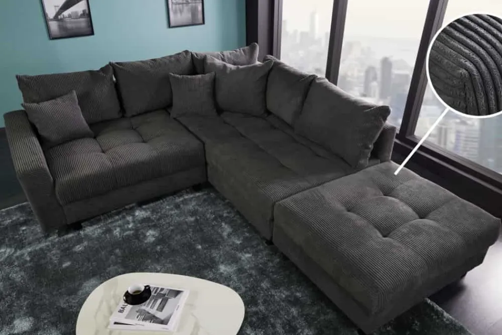 Riess-Ambiente Skandinavisch|Ecksofa > Modernes Ecksofa KENT 220cm dunkelgrau Cord inklusive Hocker Federkern Wohnlandschaft