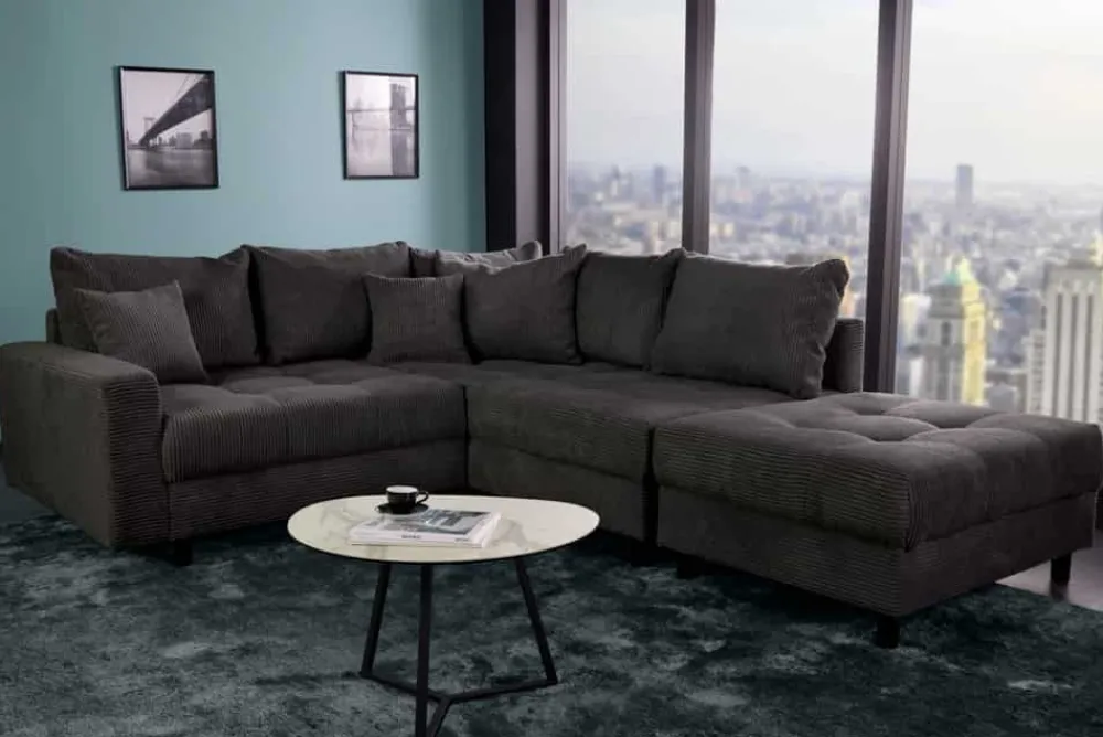 Riess-Ambiente Skandinavisch|Ecksofa > Modernes Ecksofa KENT 220cm dunkelgrau Cord inklusive Hocker Federkern Wohnlandschaft