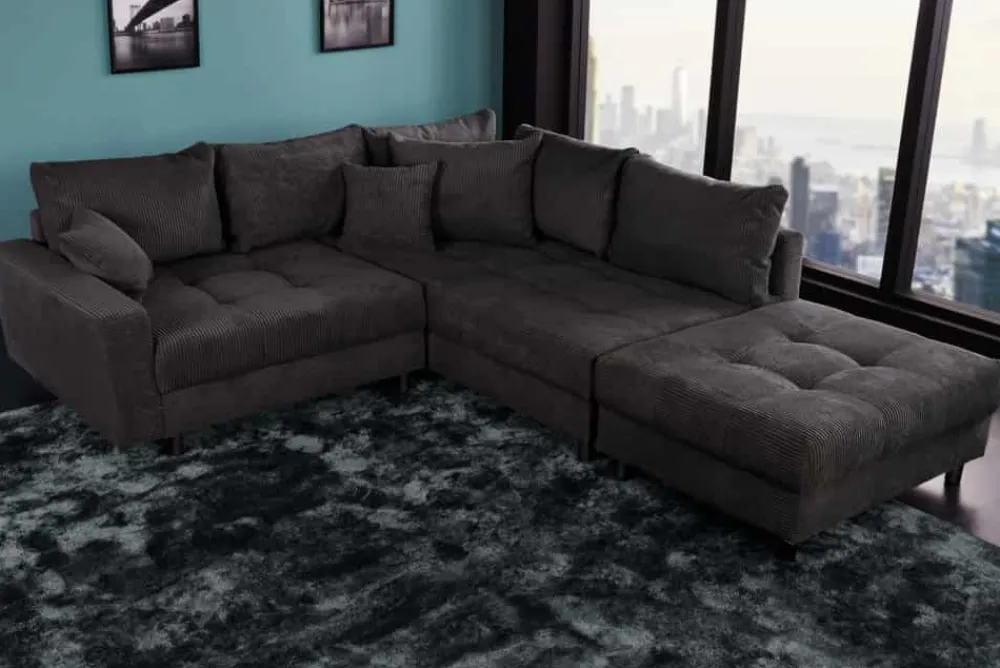 Riess-Ambiente Skandinavisch|Ecksofa > Modernes Ecksofa KENT 220cm dunkelgrau Cord inklusive Hocker Federkern Wohnlandschaft