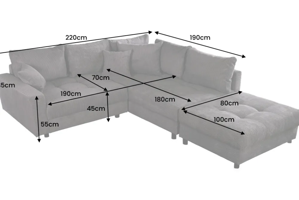 Riess-Ambiente Skandinavisch|Ecksofa > Modernes Ecksofa KENT 220cm dunkelgrau Cord inklusive Hocker Federkern Wohnlandschaft