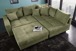 Riess-Ambiente Skandinavisch|Xxl Sofa > Modernes Ecksofa KENT 220cm grün Cord inkl. Hocker Federkern L-Form Wohnlandschaft