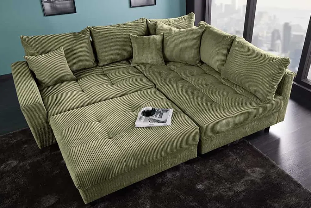 Riess-Ambiente Skandinavisch|Xxl Sofa > Modernes Ecksofa KENT 220cm grün Cord inkl. Hocker Federkern L-Form Wohnlandschaft