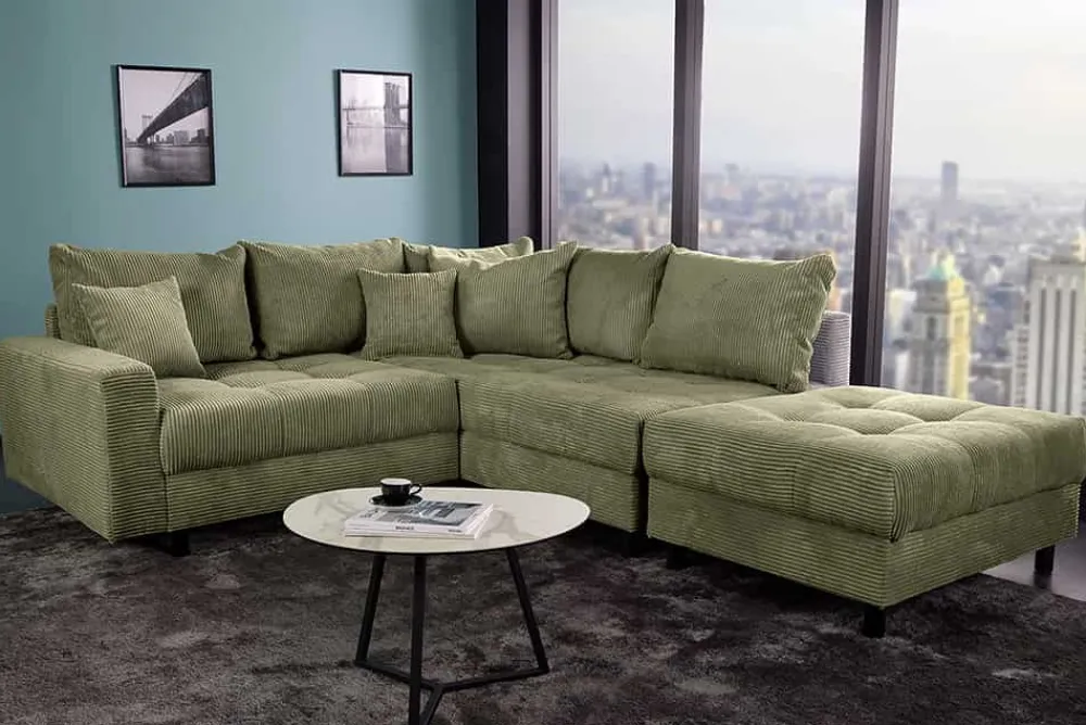 Riess-Ambiente Skandinavisch|Xxl Sofa > Modernes Ecksofa KENT 220cm grün Cord inkl. Hocker Federkern L-Form Wohnlandschaft