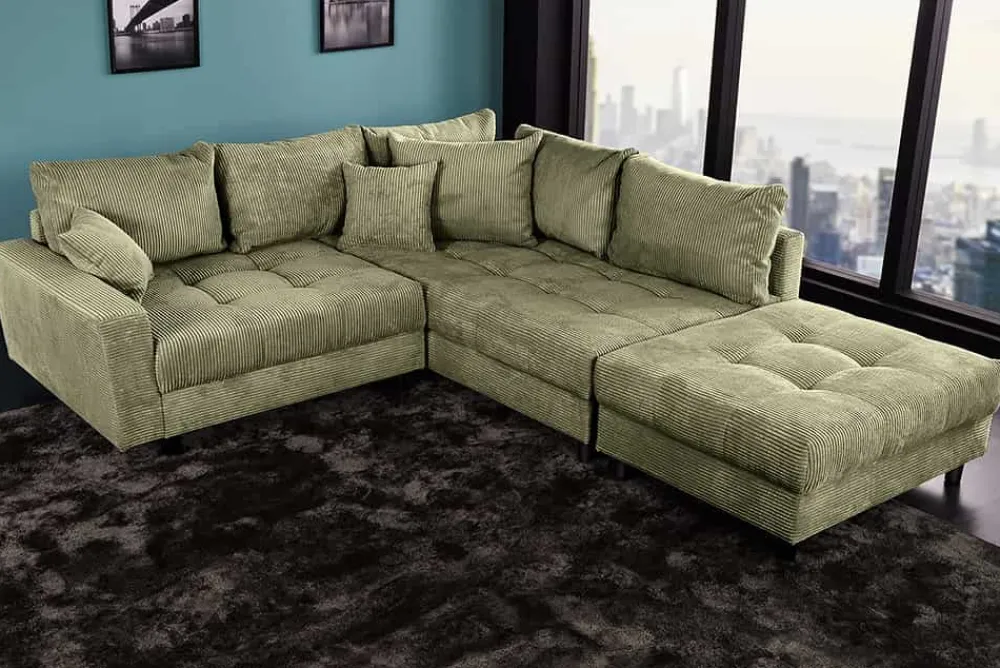 Riess-Ambiente Skandinavisch|Xxl Sofa > Modernes Ecksofa KENT 220cm grün Cord inkl. Hocker Federkern L-Form Wohnlandschaft