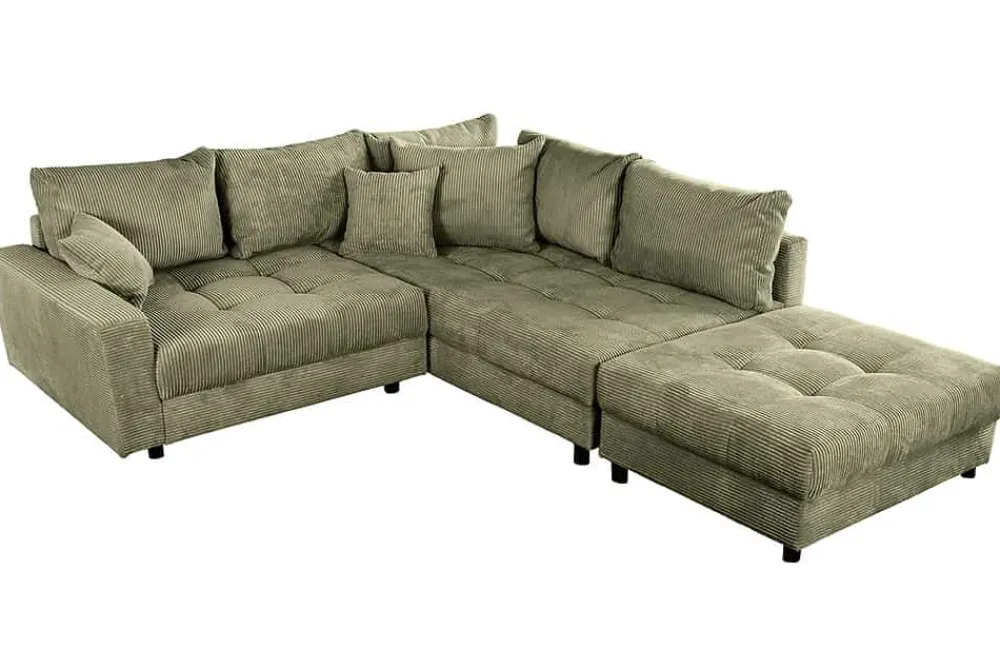 Riess-Ambiente Skandinavisch|Xxl Sofa > Modernes Ecksofa KENT 220cm grün Cord inkl. Hocker Federkern L-Form Wohnlandschaft