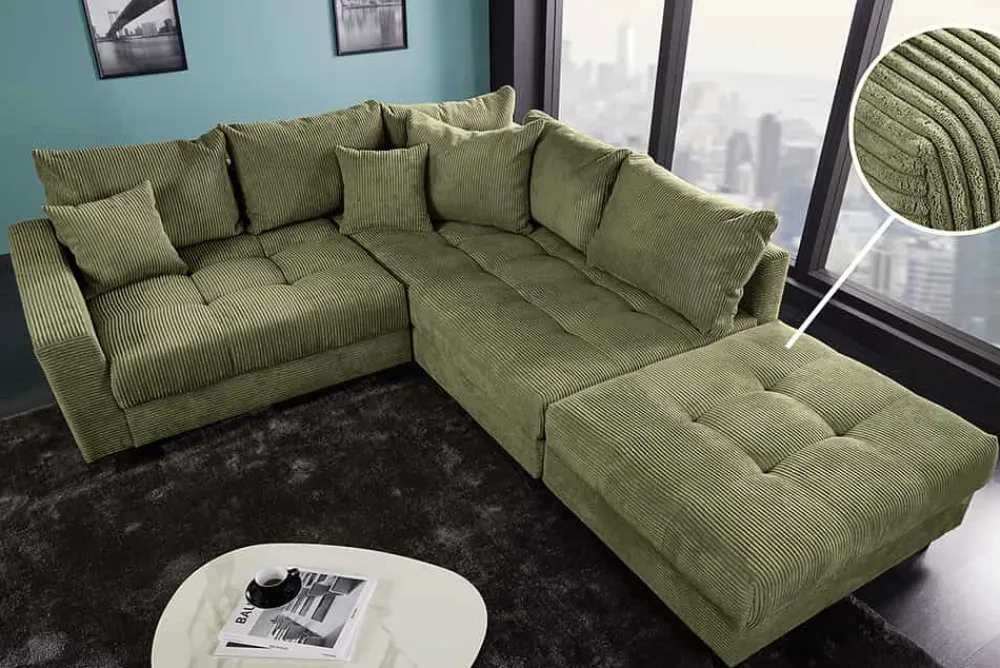 Riess-Ambiente Skandinavisch|Xxl Sofa > Modernes Ecksofa KENT 220cm grün Cord inkl. Hocker Federkern L-Form Wohnlandschaft