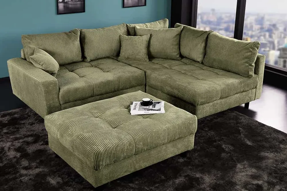 Riess-Ambiente Skandinavisch|Xxl Sofa > Modernes Ecksofa KENT 220cm grün Cord inkl. Hocker Federkern L-Form Wohnlandschaft