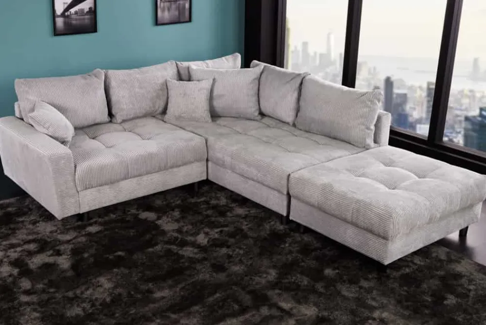 Riess-Ambiente Skandinavisch|Xxl Sofa > Modernes Ecksofa KENT 220cm hellgrau Cord inkl. Hocker Federkern L-Form Wohnlandschaft