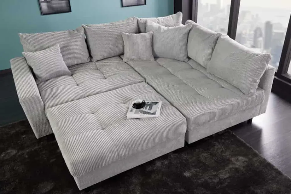 Riess-Ambiente Skandinavisch|Xxl Sofa > Modernes Ecksofa KENT 220cm hellgrau Cord inkl. Hocker Federkern L-Form Wohnlandschaft