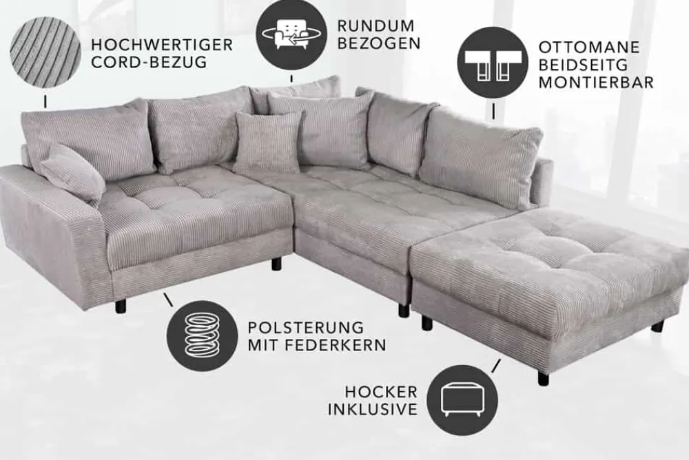 Riess-Ambiente Skandinavisch|Xxl Sofa > Modernes Ecksofa KENT 220cm hellgrau Cord inkl. Hocker Federkern L-Form Wohnlandschaft