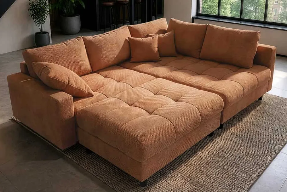Riess-Ambiente Skandinavisch|Xxl Sofa > Modernes Ecksofa KENT 220cm rostbraun Chenille inkl. Hocker Federkern Wohnlandschaft