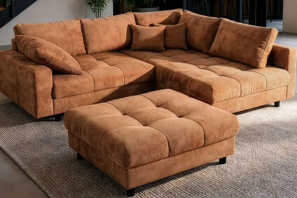 Riess-Ambiente Skandinavisch|Xxl Sofa > Modernes Ecksofa KENT 220cm rostbraun Chenille inkl. Hocker Federkern Wohnlandschaft