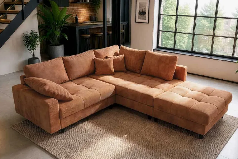 Riess-Ambiente Skandinavisch|Xxl Sofa > Modernes Ecksofa KENT 220cm rostbraun Chenille inkl. Hocker Federkern Wohnlandschaft