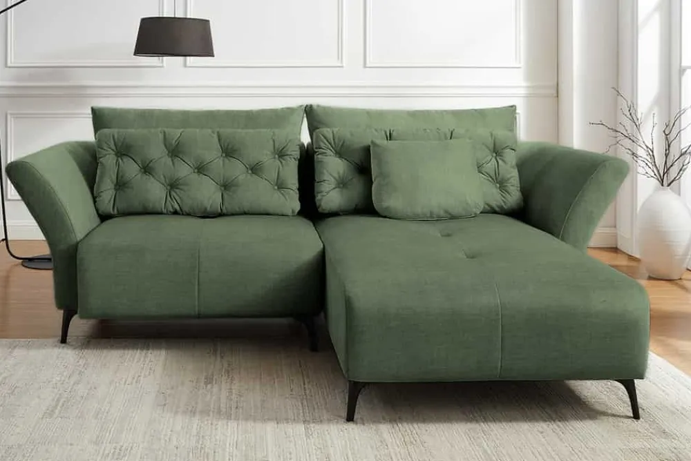 Riess-Ambiente Samt Möbel|Xxl Sofa > Modernes Ecksofa MARRAKESCH 265cm grün Samt 3-Sitzer inkl. Kissen Ottomane rechts