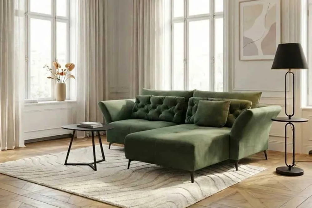 Riess-Ambiente Samt Möbel|Xxl Sofa > Modernes Ecksofa MARRAKESCH 265cm grün Samt 3-Sitzer inkl. Kissen Ottomane rechts