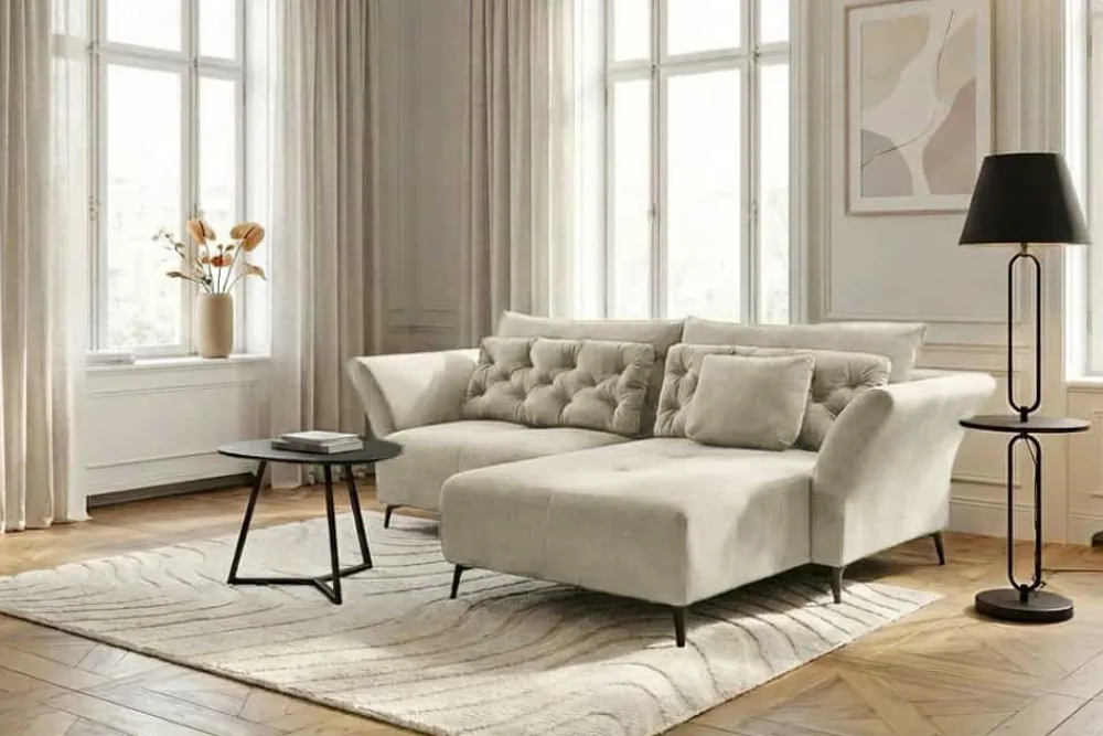 Riess-Ambiente Samt Möbel|Xxl Sofa > Modernes Ecksofa MARRAKESCH 265cm beige Samt 3-Sitzer inkl. Kissen Ottomane rechts