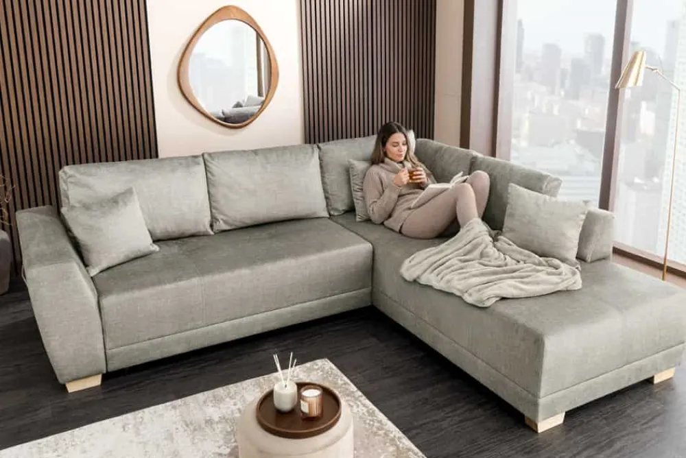 Riess-Ambiente Ecksofa > Modernes Ecksofa NORWAY 250cm taupe Vogue Velours Samt Schlafsofa mit Stauraum
