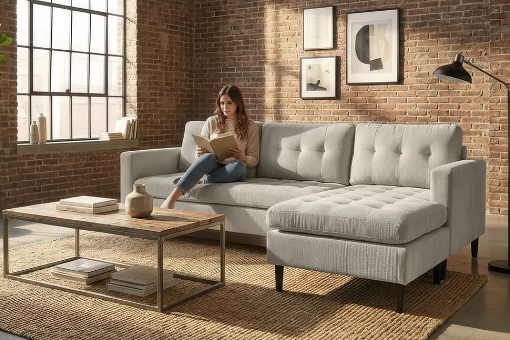 Riess-Ambiente Skandinavisch|Retro Möbel > Modernes Ecksofa STOCKHOLM 220cm hellgrau Cordstoff Federkern 3-Sitzer-Sofa