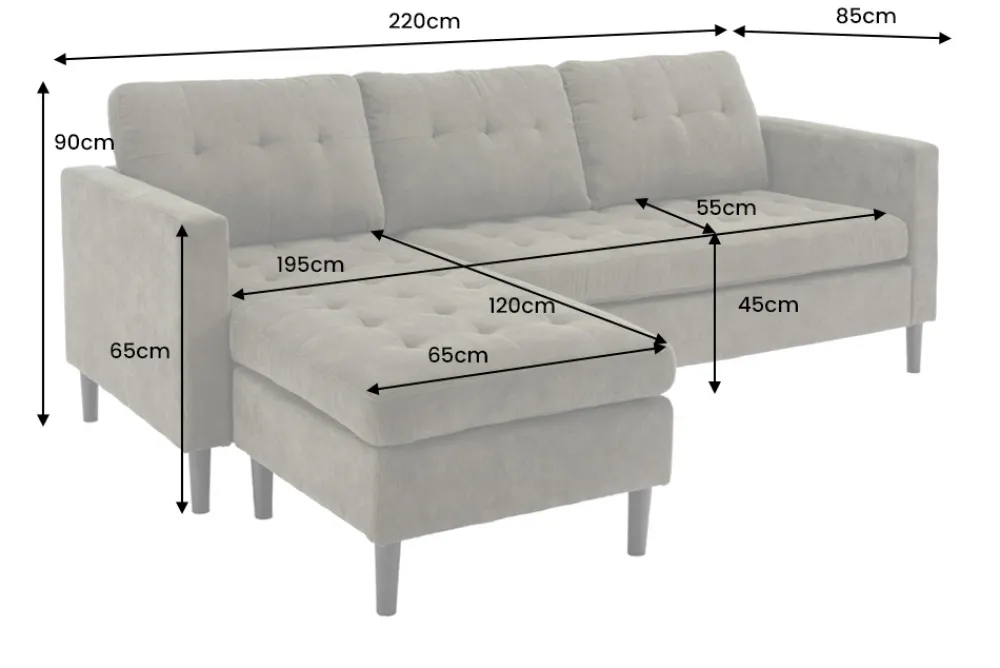 Riess-Ambiente Skandinavisch|Retro Möbel > Modernes Ecksofa STOCKHOLM 220cm hellgrau Cordstoff Federkern 3-Sitzer-Sofa