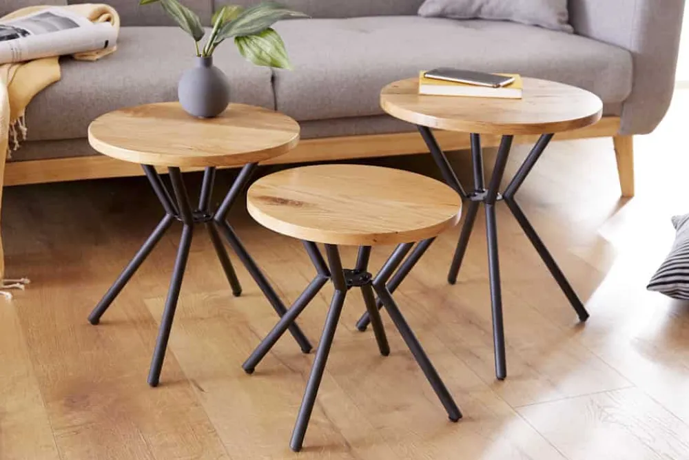 Riess-Ambiente Beistelltische|Mehr... > Modernes 3er Set Beistelltische FACTORY 40cm natur Wildeiche Massivholz rund schwarz Metall