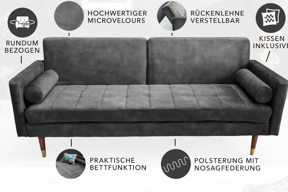 Riess-Ambiente Industrial Loft|Retro Möbel > Modernes Schlafsofa COUTURE 200cm grau Microvelours 3-Sitzer Couch mit Schlaffunktion