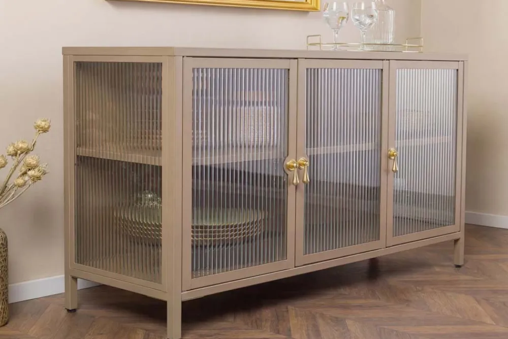 Riess-Ambiente Vitrinen|Sideboards & Kommoden > Modernes Sideboard AMSTERDAM 105cm greige gold Riffelglas Metall Vitrine Schrank