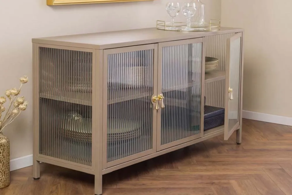 Riess-Ambiente Vitrinen|Sideboards & Kommoden > Modernes Sideboard AMSTERDAM 105cm greige gold Riffelglas Metall Vitrine Schrank