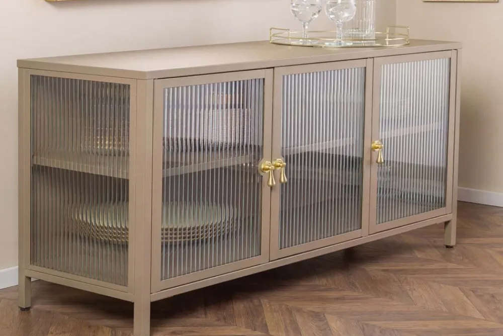 Riess-Ambiente Vitrinen|Sideboards & Kommoden > Modernes Sideboard AMSTERDAM 105cm greige gold Riffelglas Metall Vitrine Schrank