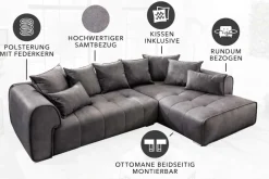 Riess-Ambiente Samt Möbel|Xxl Sofa > Modernes XXL Ecksofa CLAN 320cm anthrazit Samt Bigsofa inkl. Kissen