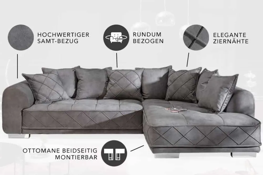 Riess-Ambiente Samt Möbel|Xxl Sofa > Modernes XXL Ecksofa DECADENCIA 320cm silbergrau Samt Bigsofa inkl. Kissen