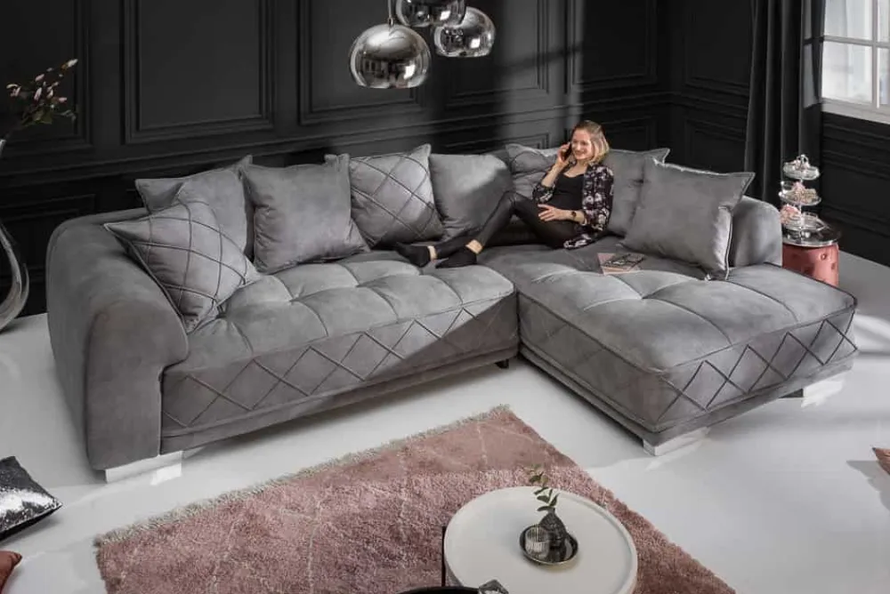 Riess-Ambiente Samt Möbel|Xxl Sofa > Modernes XXL Ecksofa DECADENCIA 320cm silbergrau Samt Bigsofa inkl. Kissen