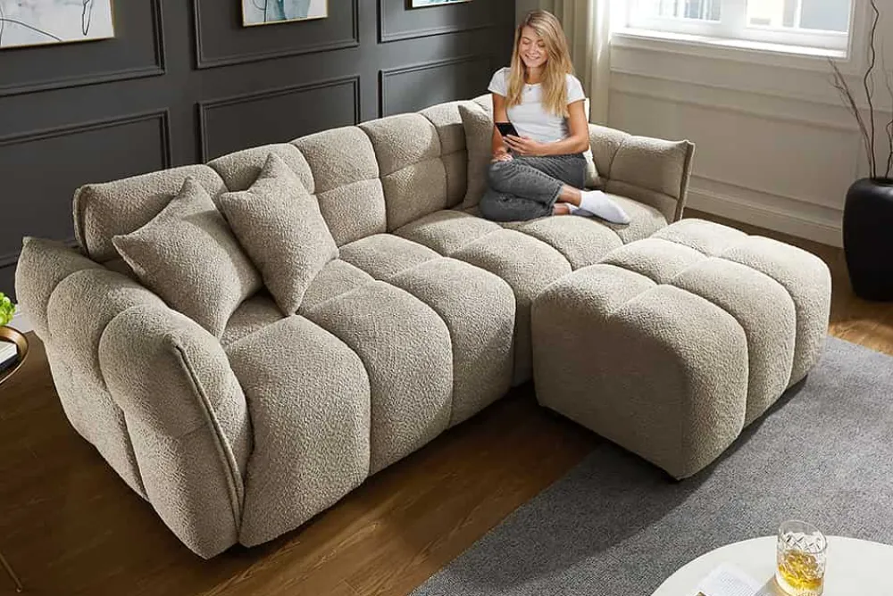 Riess-Ambiente Xxl Sofa > Modernes XXL Sofa CLOUD 260cm champagner greige Bouclé Bigsofa Federkern inkl. Kissen