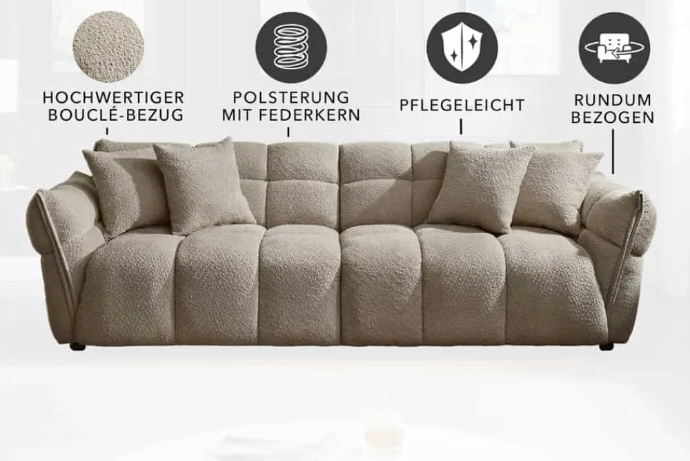 Riess-Ambiente Xxl Sofa > Modernes XXL Sofa CLOUD 260cm champagner greige Bouclé Bigsofa Federkern inkl. Kissen