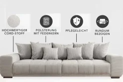 Riess-Ambiente Skandinavisch|Xxl Sofa > Modernes XXL Sofa ELEGANCIA 285cm champagner beige Cord inklusive Kissen Bigsofa